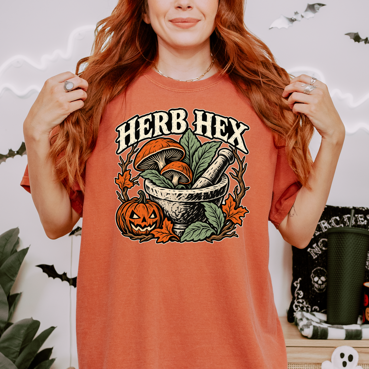 Witch's Apothecary Halloween T-Shirt, Herb Hex Mortar and Mushroom Woodcut, Pumpkin Folk Art, Comfort Colors