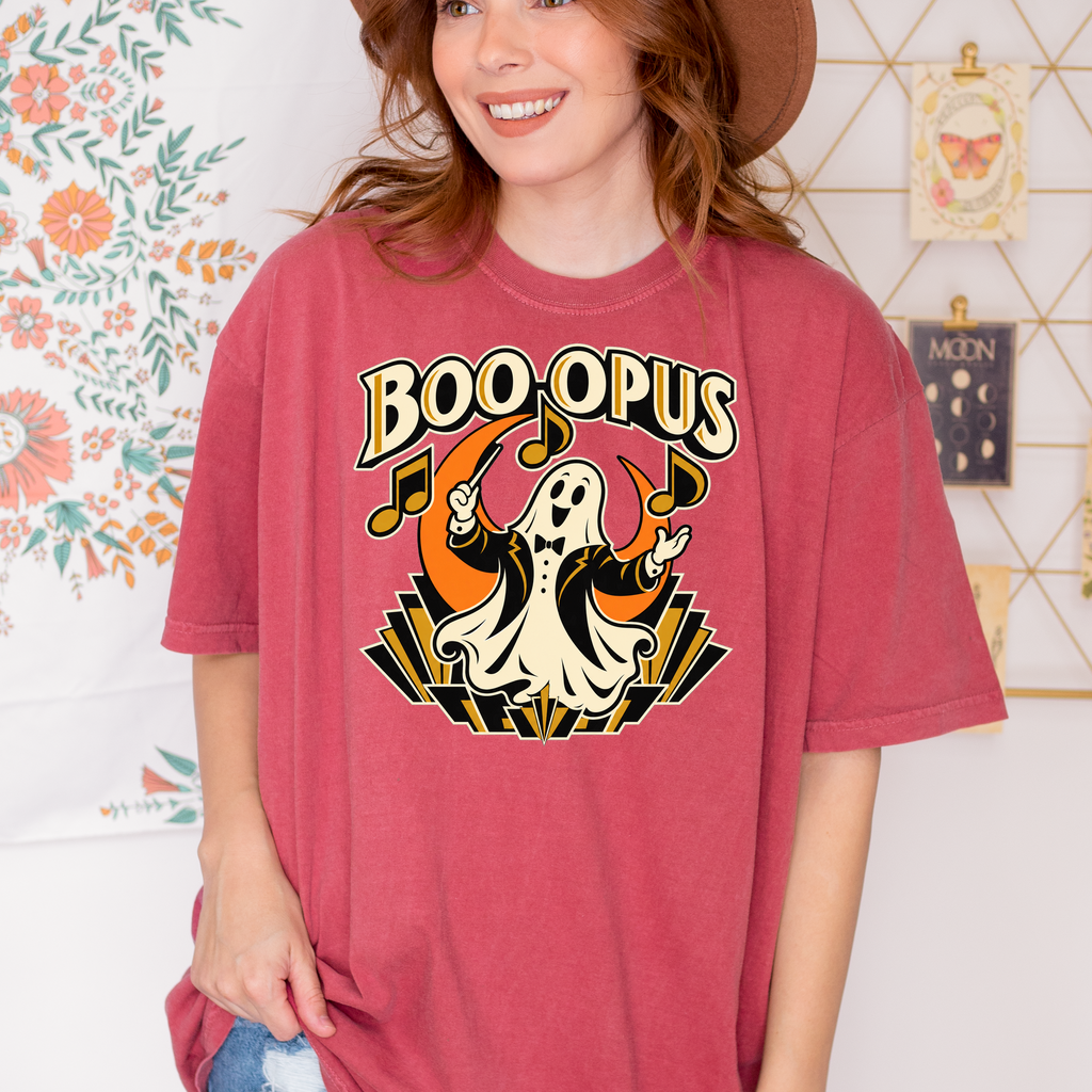 Ghost Music Conductor Halloween T-Shirt, Boo Opus Art Deco Musical Notes, Comfort Colors Spooky Season