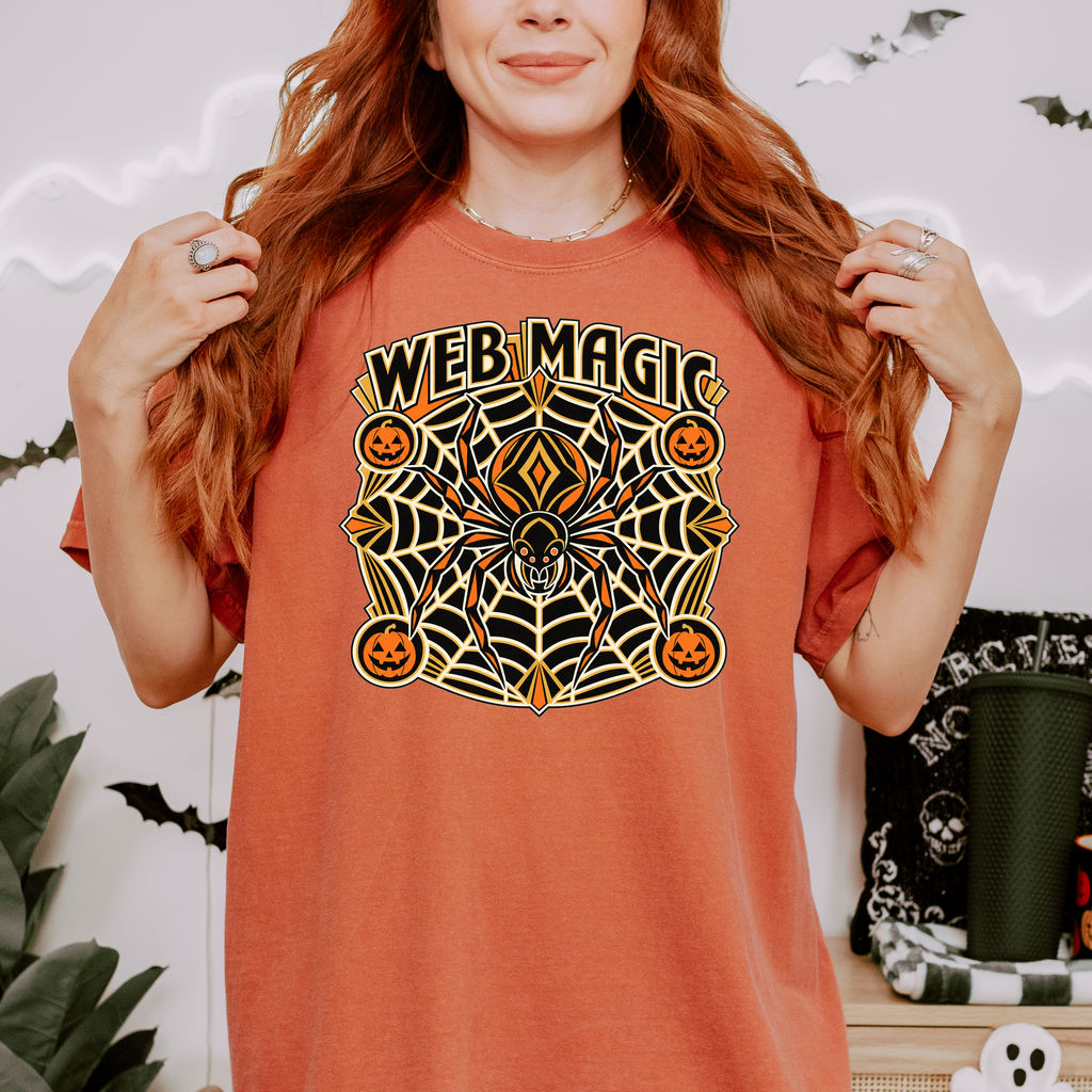 Spider Web Halloween T-Shirt, Web Magic Art Deco Mandala, Pumpkin Medallions, Comfort Colors Spooky Season