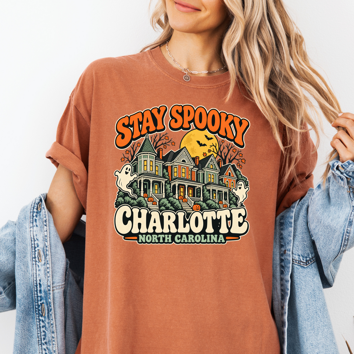 Charlotte Halloween T-Shirt, Fourth Ward Victorian Houses, Retro Ghosts and Pumpkins, Comfort Colors North Carolina