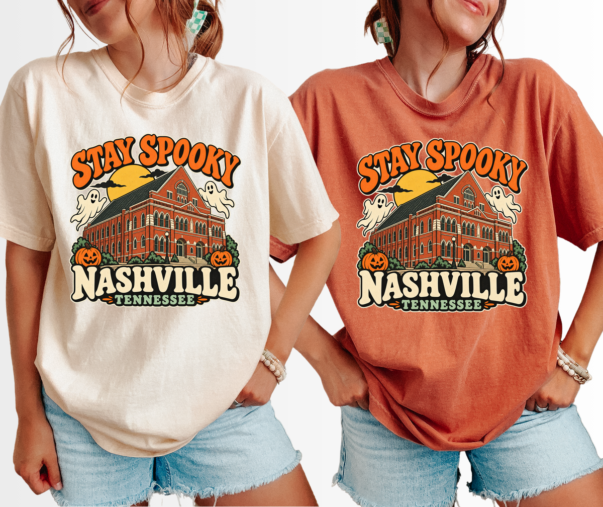 Nashville Halloween T-Shirt, Ryman Auditorium Retro Ghost and Pumpkin Design, Tennessee Souvenir, Comfort Colors