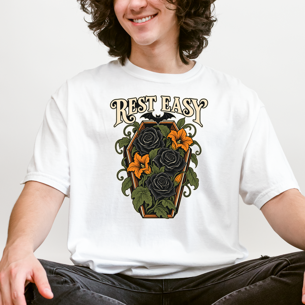 Coffin Flower Bed Halloween T-Shirt, Rest Easy Black Roses, Art Nouveau Botanical, Comfort Colors