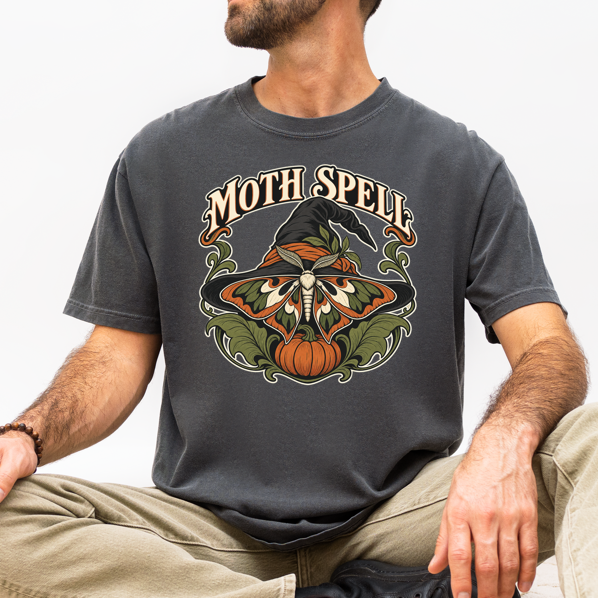 Moth Wing Witch Hat Halloween T-Shirt, Art Nouveau Pumpkin Botanical Design, Comfort Colors Spooky Season