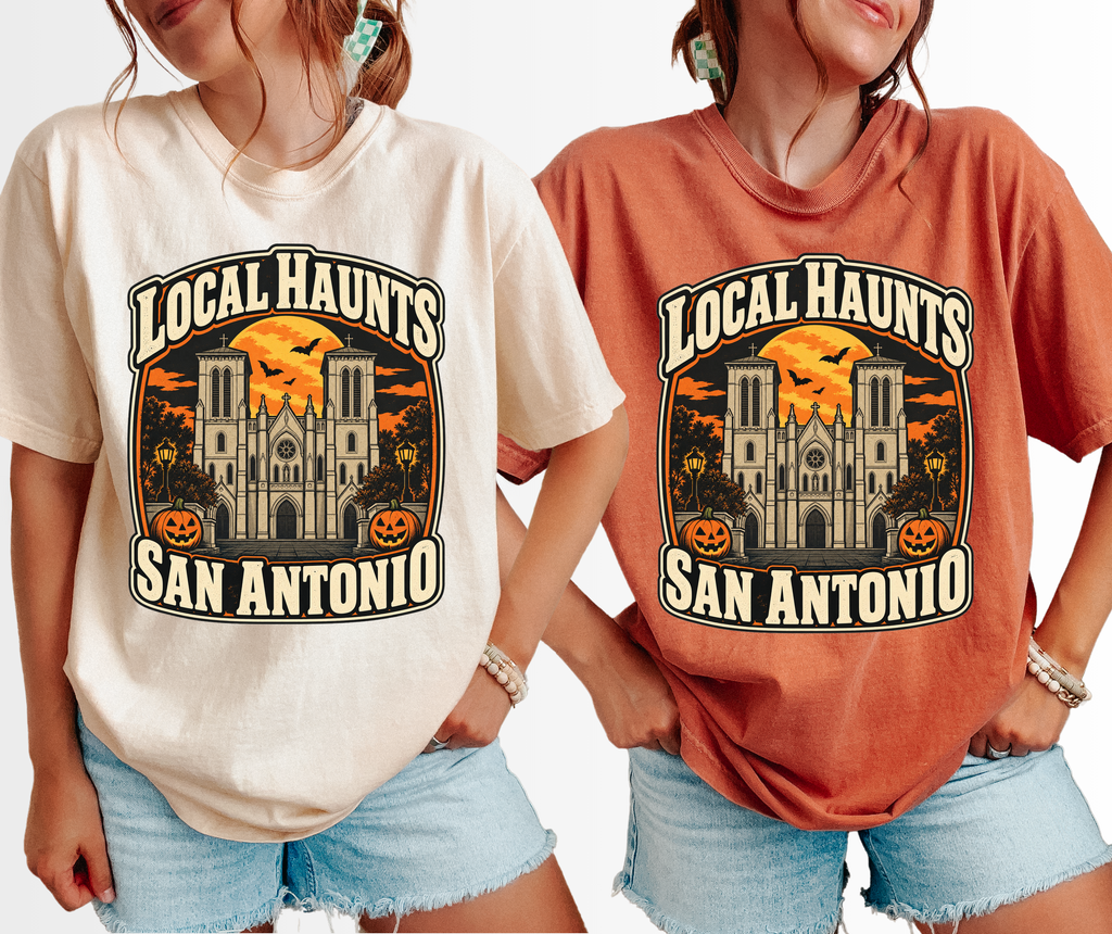 San Antonio Halloween T-Shirt, San Fernando Cathedral, Comfort Colors Retro Souvenir, Harvest Moon and Pumpkins