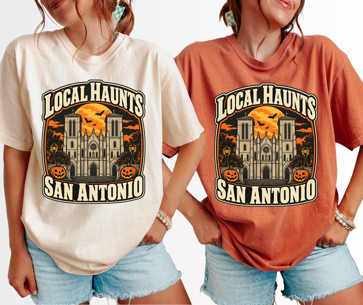 San Antonio Halloween T-Shirt, San Fernando Cathedral, Comfort Colors Retro Souvenir, Harvest Moon and Pumpkins