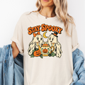 Ghost Tea Party Halloween T-Shirt, Stay Spooky Retro 1950s Cartoon, Pumpkin and Crescent, Comfort Colors