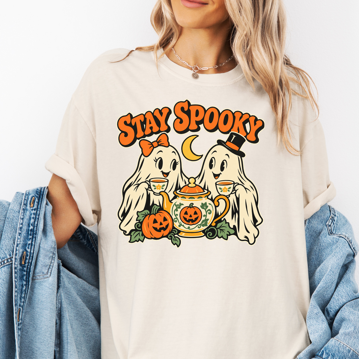 Ghost Tea Party Halloween T-Shirt, Stay Spooky Retro 1950s Cartoon, Pumpkin and Crescent, Comfort Colors