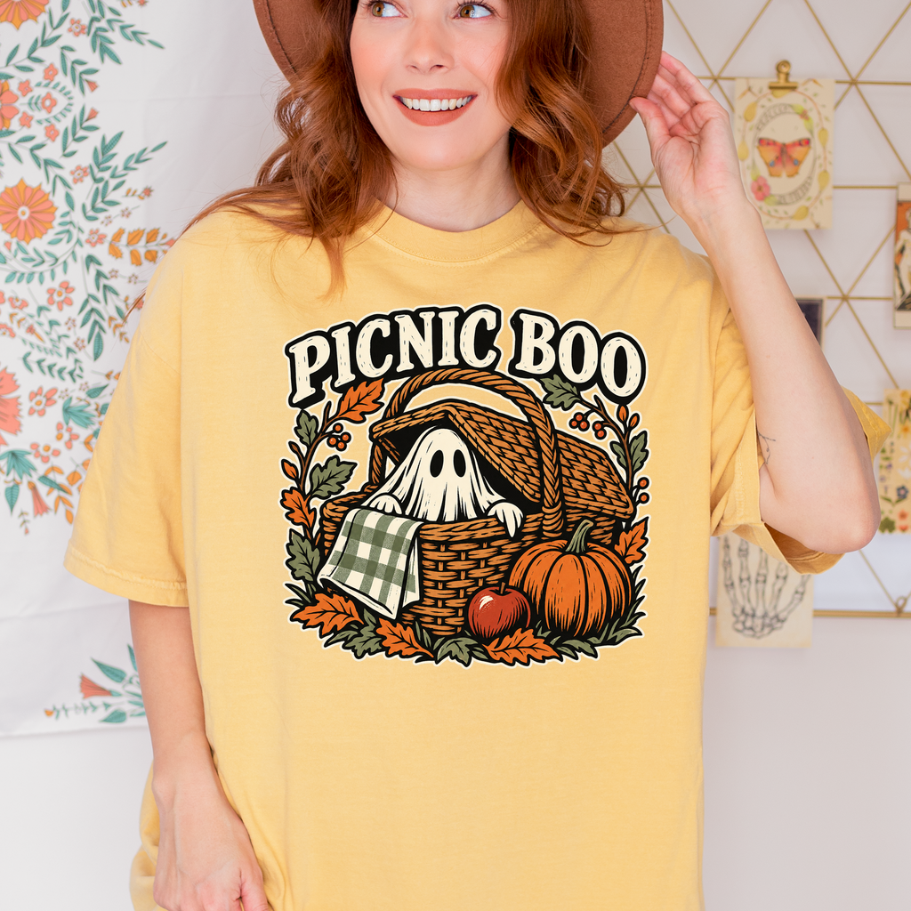 Ghost Picnic Basket Halloween T-Shirt, Picnic Boo Folk Art, Pumpkin Woodcut Illustration, Comfort Colors