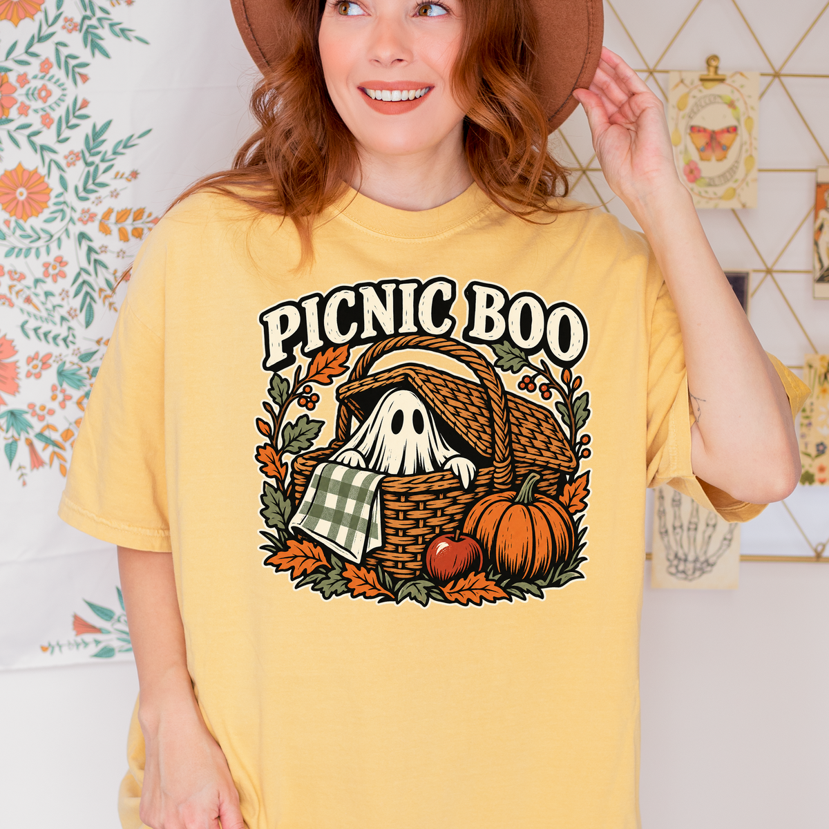 Ghost Picnic Basket Halloween T-Shirt, Picnic Boo Folk Art, Pumpkin Woodcut Illustration, Comfort Colors