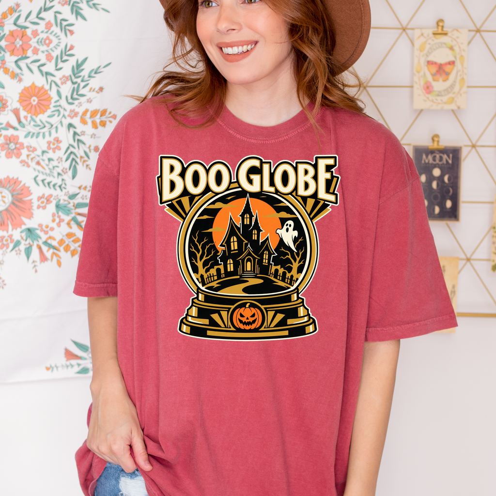 Haunted Snow Globe Halloween T-Shirt, Boo Globe Haunted House, Art Deco Pumpkin and Ghost, Comfort Colors Spooky Season