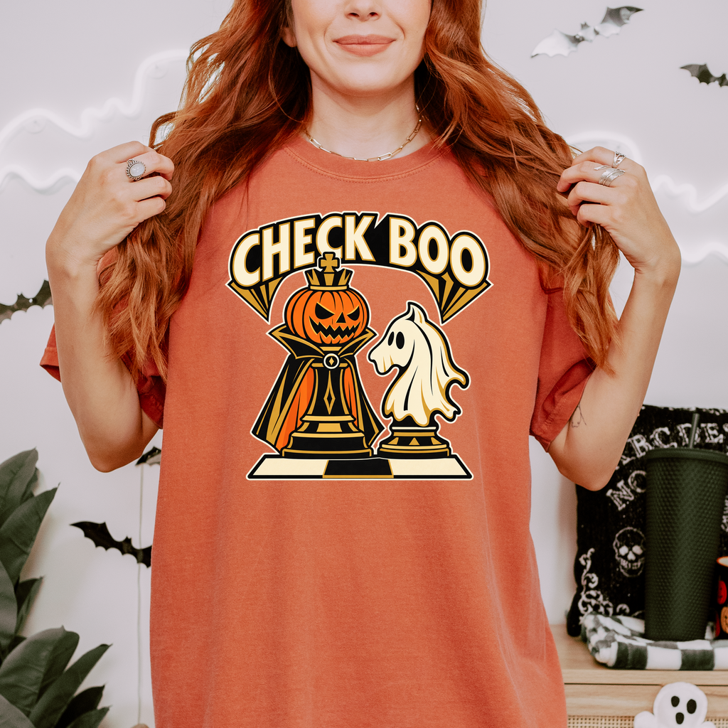Pumpkin Chess Halloween T-Shirt, Check Boo King and Ghost Knight, Art Deco Spooky Season, Comfort Colors
