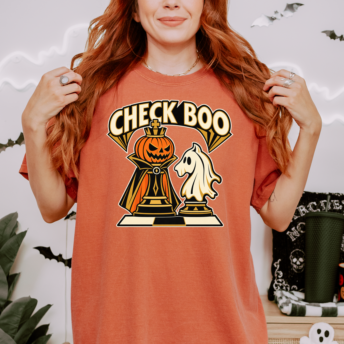 Pumpkin Chess Halloween T-Shirt, Check Boo King and Ghost Knight, Art Deco Spooky Season, Comfort Colors