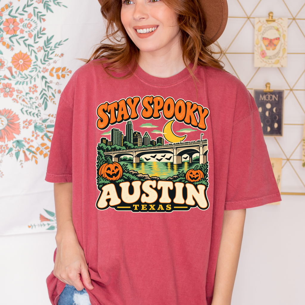 Austin Halloween T-Shirt, Congress Avenue Bridge Bats and Pumpkins, Retro Texas Souvenir, Comfort Colors