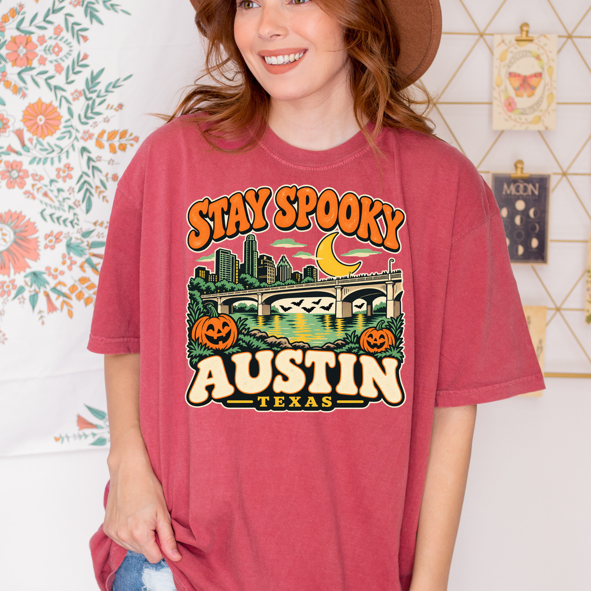 Austin Halloween T-Shirt, Congress Avenue Bridge Bats and Pumpkins, Retro Texas Souvenir, Comfort Colors