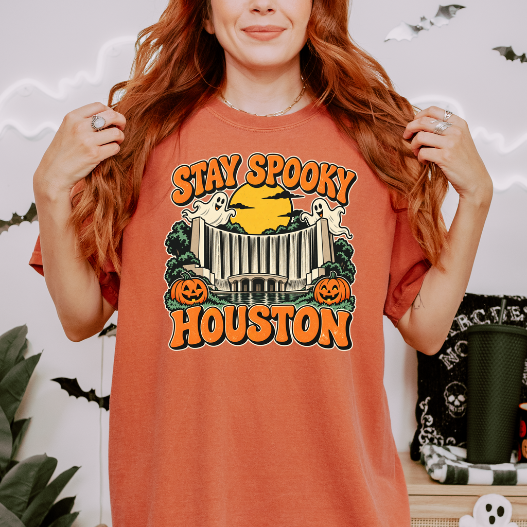 Houston Halloween T-Shirt, Gerald D. Hines Waterwall, Retro Ghost and Pumpkin Art, Comfort Colors Texas Souvenir