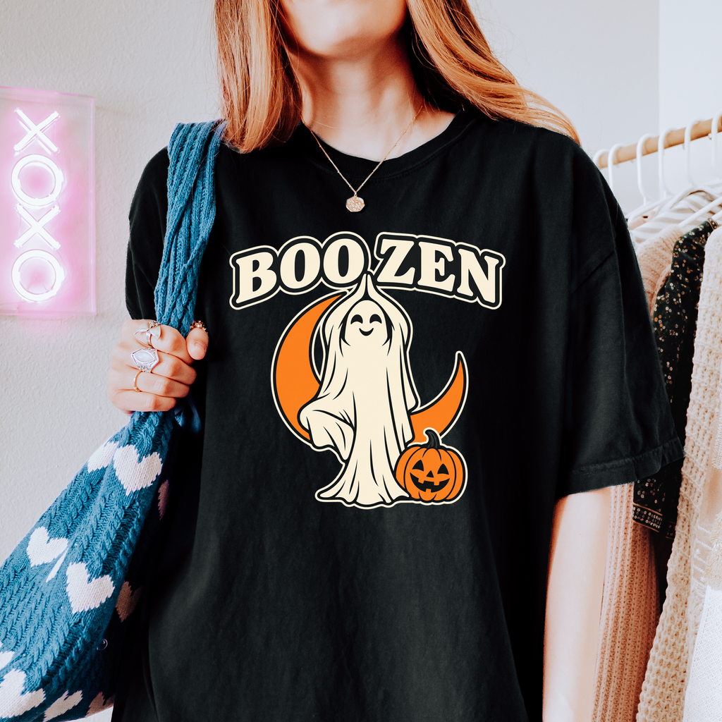 Ghost Yoga Halloween T-Shirt, Boo Zen Tree Pose, Minimalist Pumpkin and Crescent Design, Comfort Colors