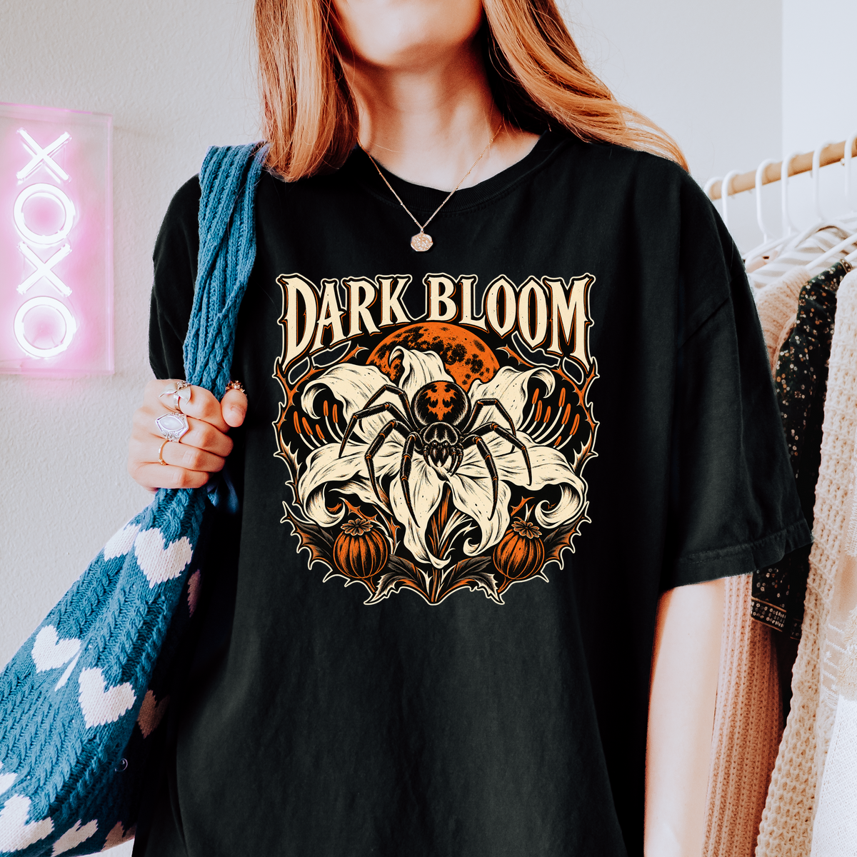 Spider Lily Halloween T-Shirt, Dark Bloom Gothic Woodcut, Orange Moon and Pumpkin Pods, Comfort Colors