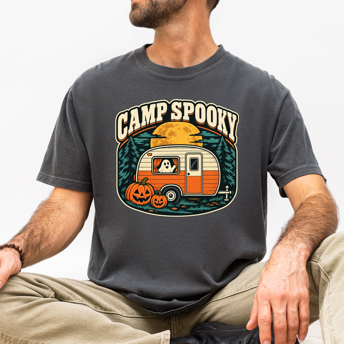Pumpkin Camper Halloween T-Shirt, Camp Spooky Ghost Trailer, Retro Harvest Moon, Comfort Colors