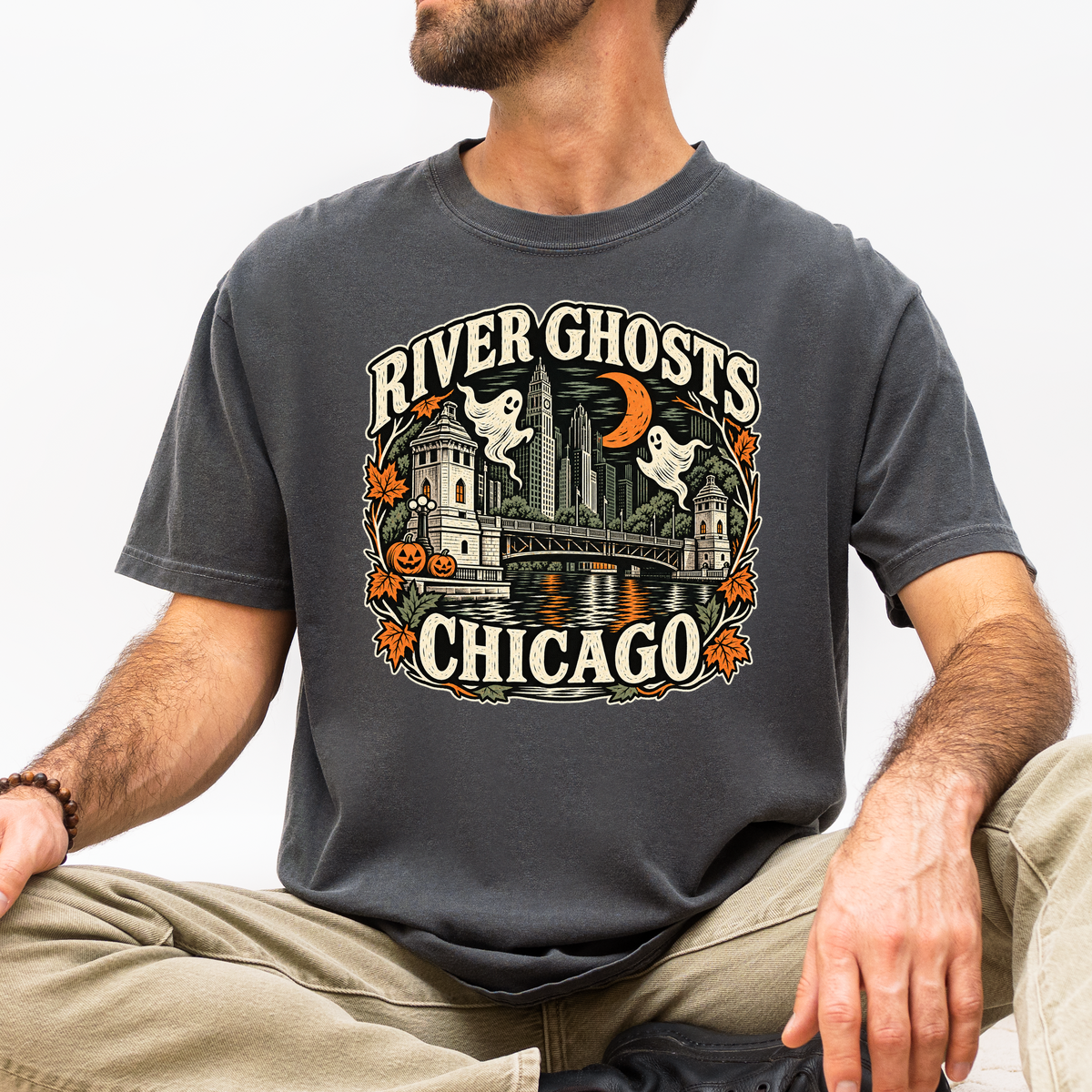Chicago Halloween T-Shirt, DuSable Bridge River Ghosts, Comfort Colors Folk Art, Illinois Spooky Season Souvenir
