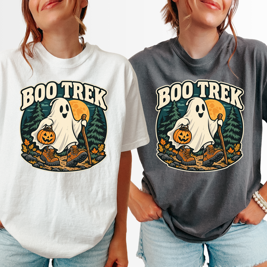 Ghost Hiking Halloween T-Shirt, Boo Trek Pumpkin Lantern, Retro Souvenir Badge, Comfort Colors