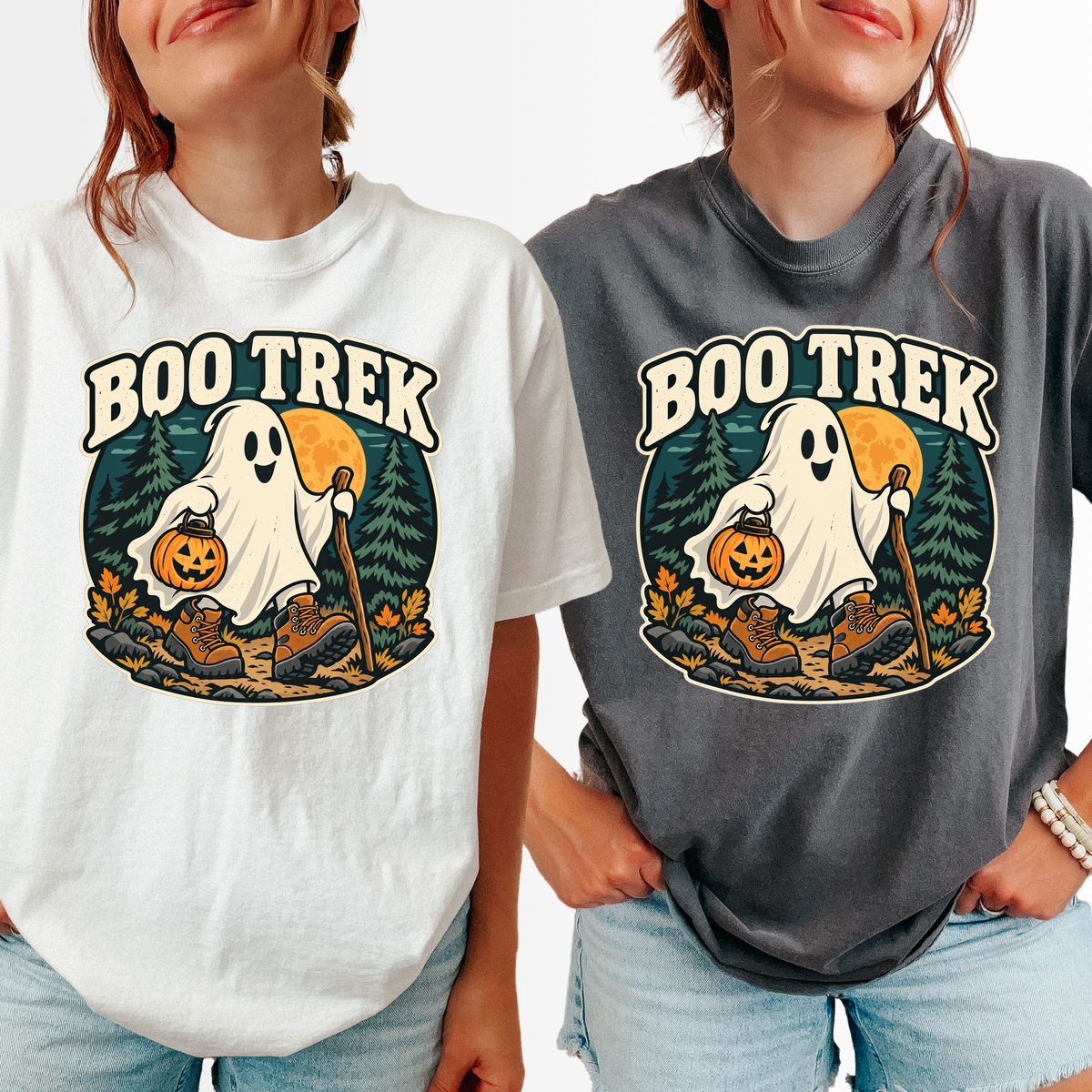 Ghost Hiking Halloween T-Shirt, Boo Trek Pumpkin Lantern, Retro Souvenir Badge, Comfort Colors