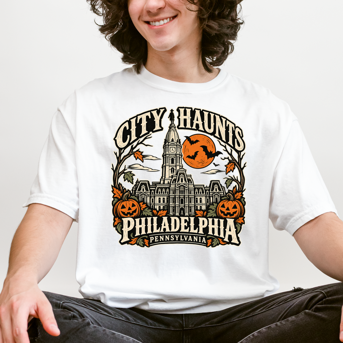 Philadelphia Halloween T-Shirt, City Hall Woodcut Folk Art, Pumpkin Lanterns, Pennsylvania Souvenir, Comfort Colors