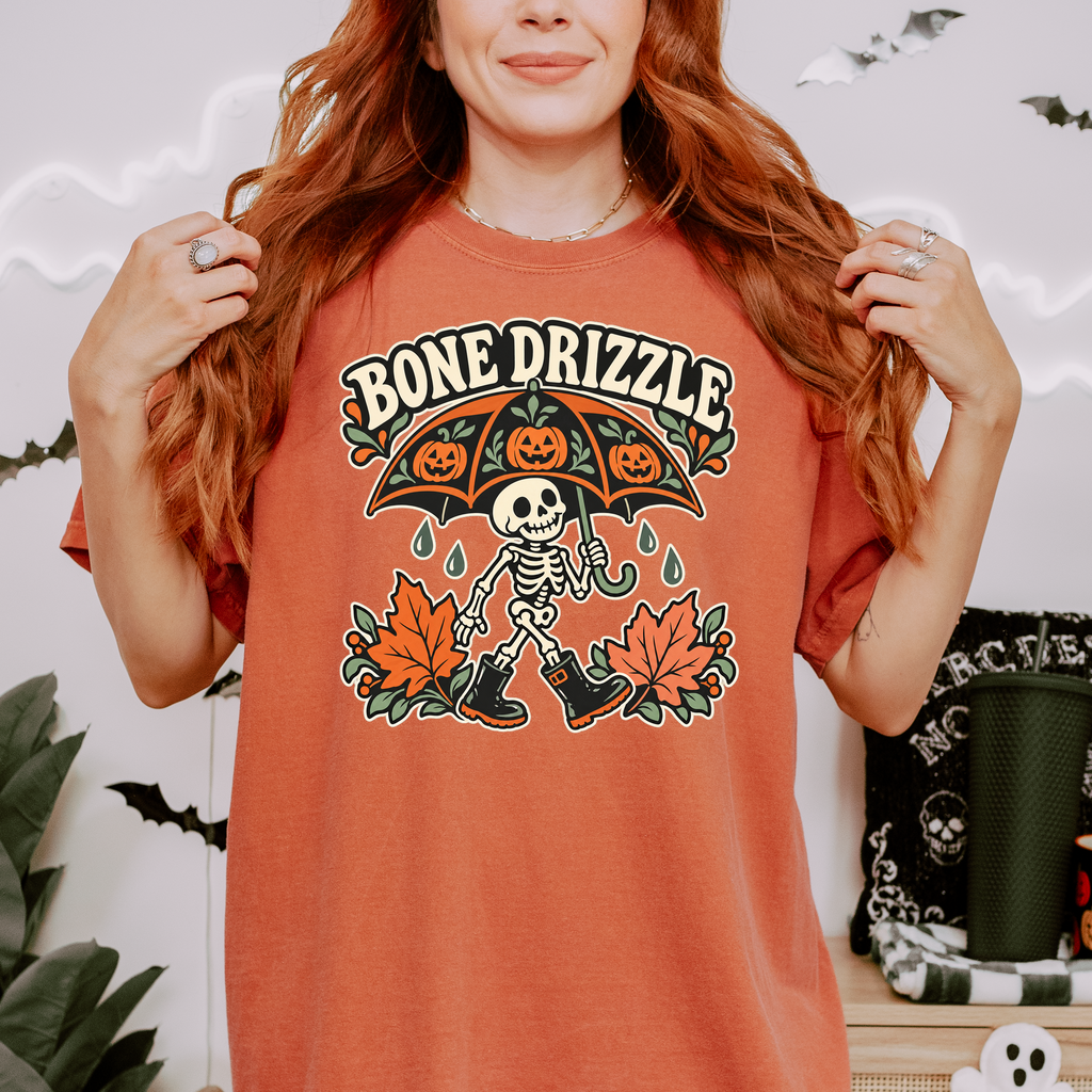 Skeleton Halloween T-Shirt, Bone Drizzle Pumpkin Umbrella, Folk Art Spooky Season, Comfort Colors
