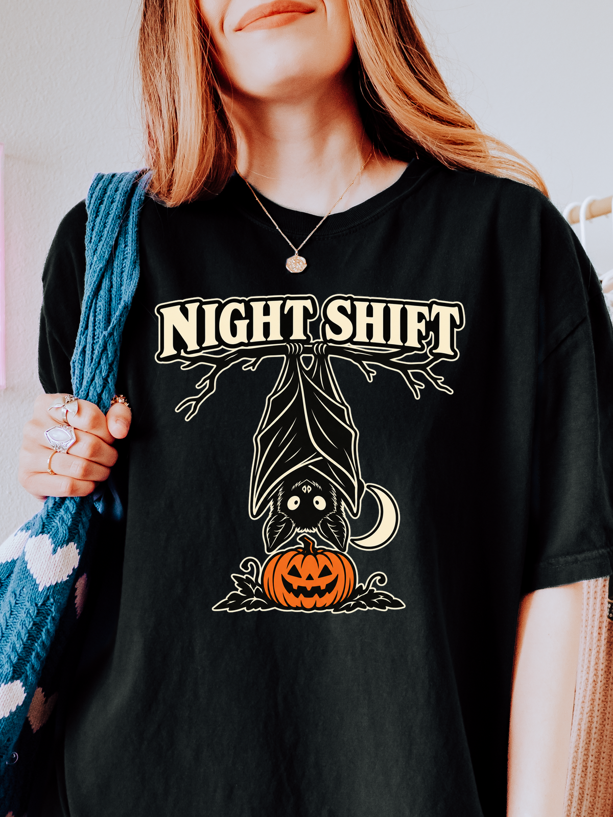 Halloween T-Shirt, Hanging Bat Night Shift Art, Comfort Colors
