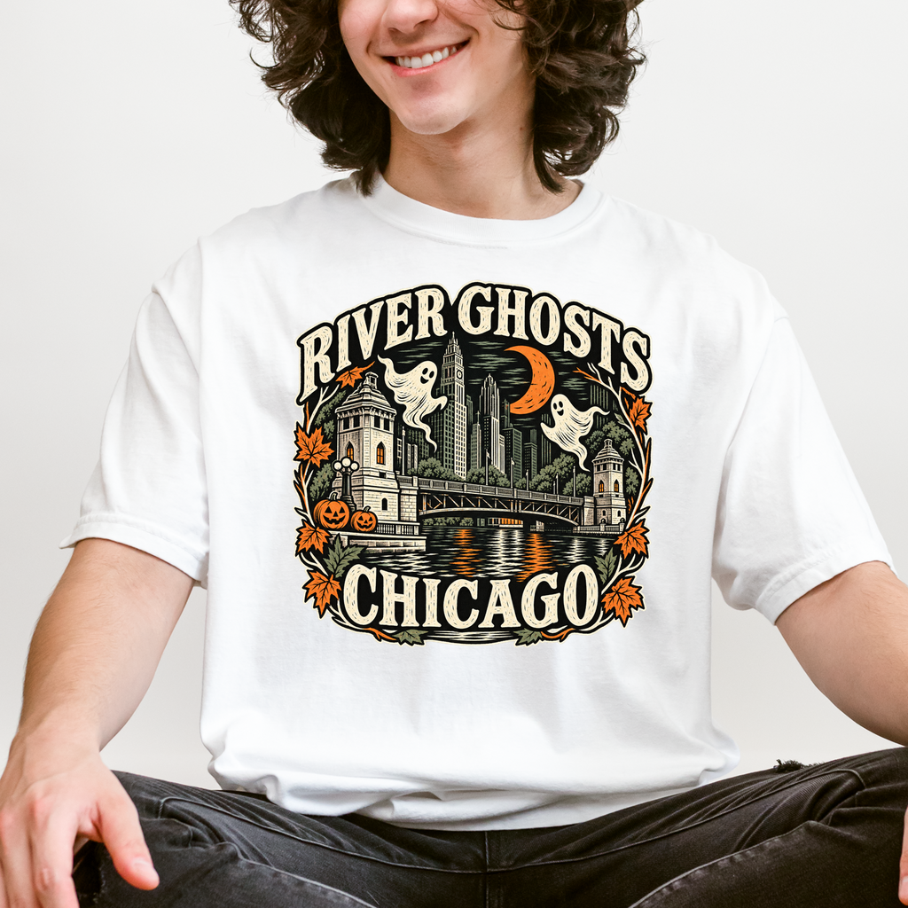 Chicago Halloween T-Shirt, DuSable Bridge River Ghosts, Comfort Colors Folk Art, Illinois Spooky Season Souvenir