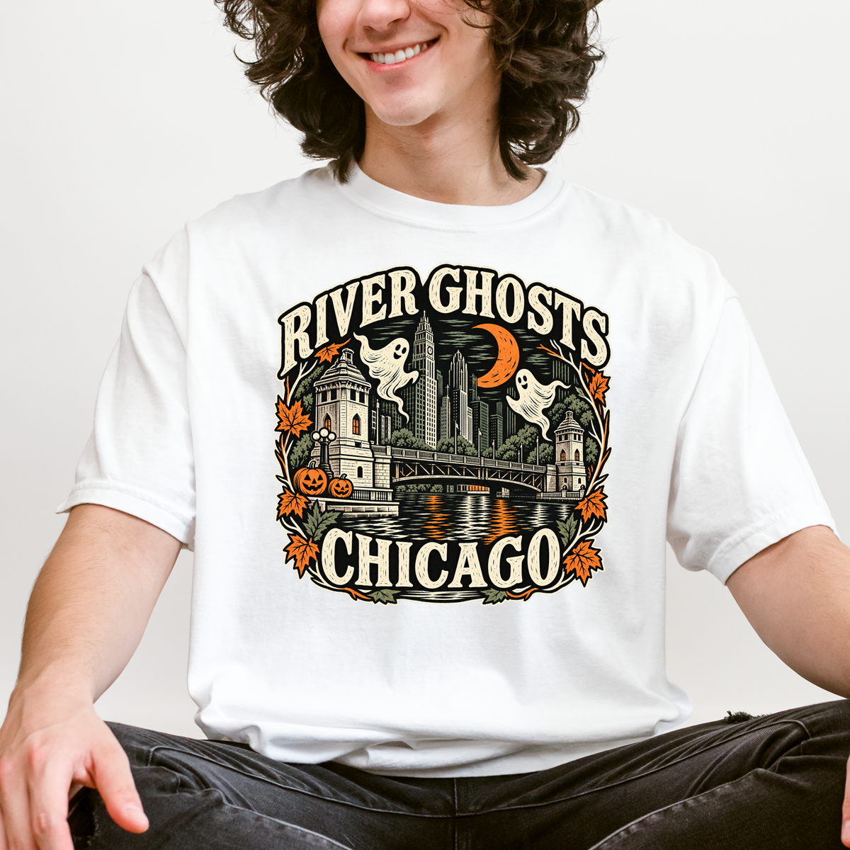 Chicago Halloween T-Shirt, DuSable Bridge River Ghosts, Comfort Colors Folk Art, Illinois Spooky Season Souvenir