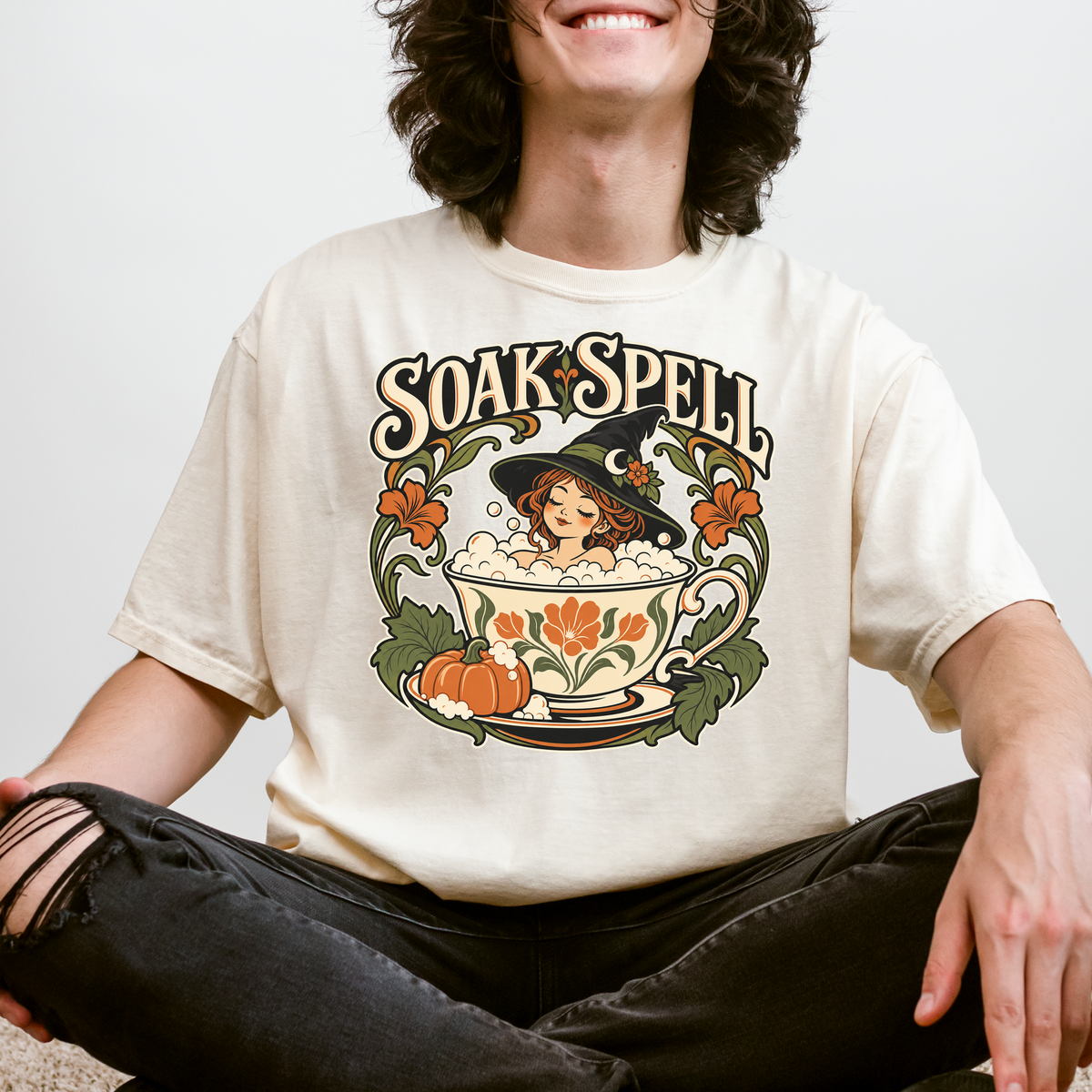 Witch Teacup Halloween T-Shirt, Soak Spell Bath, Art Nouveau Autumn Botanical, Comfort Colors, Spooky Season