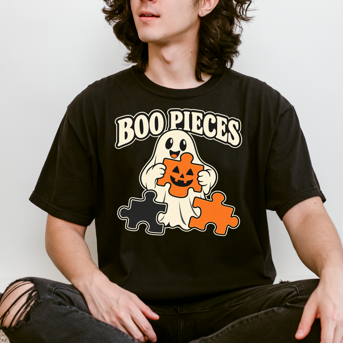 Ghost Halloween T-Shirt, Boo Pieces Pumpkin Puzzle Design, Minimalist Spooky Season, Comfort Colors