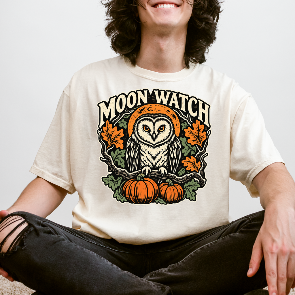Owl Halloween T-Shirt, Moon Watch Pumpkin Woodcut Folk Art, Autumn Moon Comfort Colors
