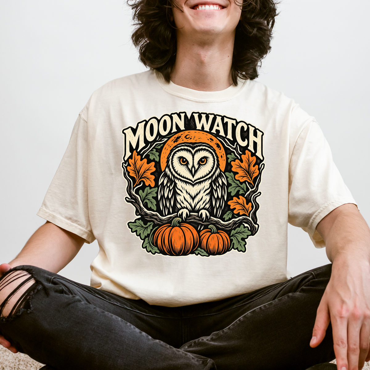Owl Halloween T-Shirt, Moon Watch Pumpkin Woodcut Folk Art, Autumn Moon Comfort Colors