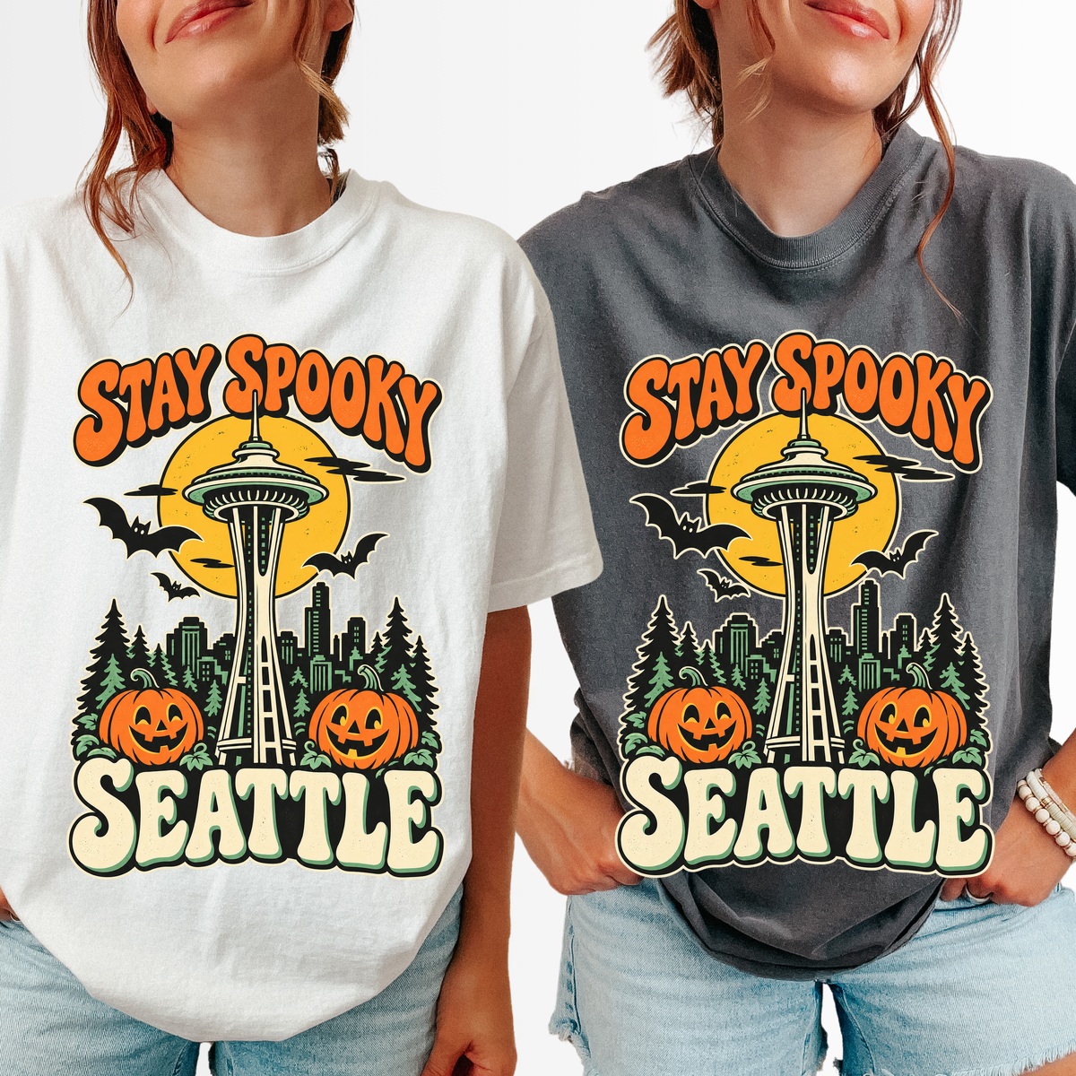 Seattle Halloween T-Shirt, Space Needle Pumpkin Scene, Retro 1950s Cartoon, Comfort Colors Washington Souvenir