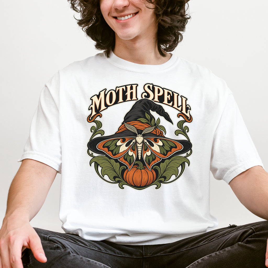 Moth Wing Witch Hat Halloween T-Shirt, Art Nouveau Pumpkin Botanical Design, Comfort Colors Spooky Season