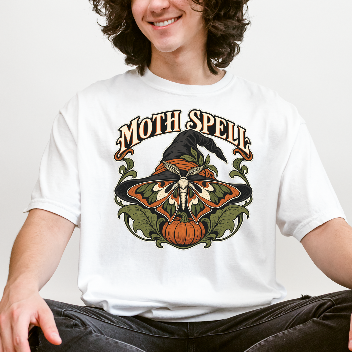 Moth Wing Witch Hat Halloween T-Shirt, Art Nouveau Pumpkin Botanical Design, Comfort Colors Spooky Season