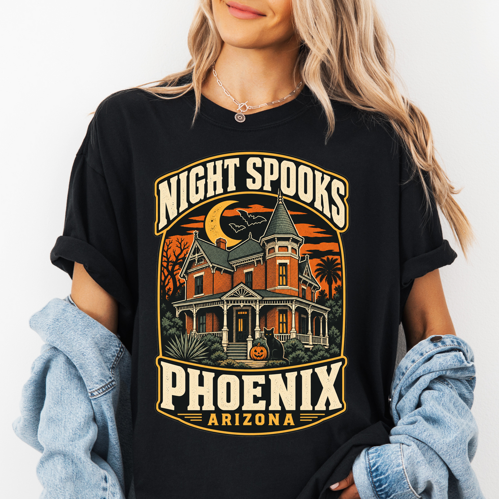 Phoenix Halloween T-Shirt, Rosson House Black Cat and Pumpkin, Retro Arizona Souvenir, Comfort Colors Spooky Season