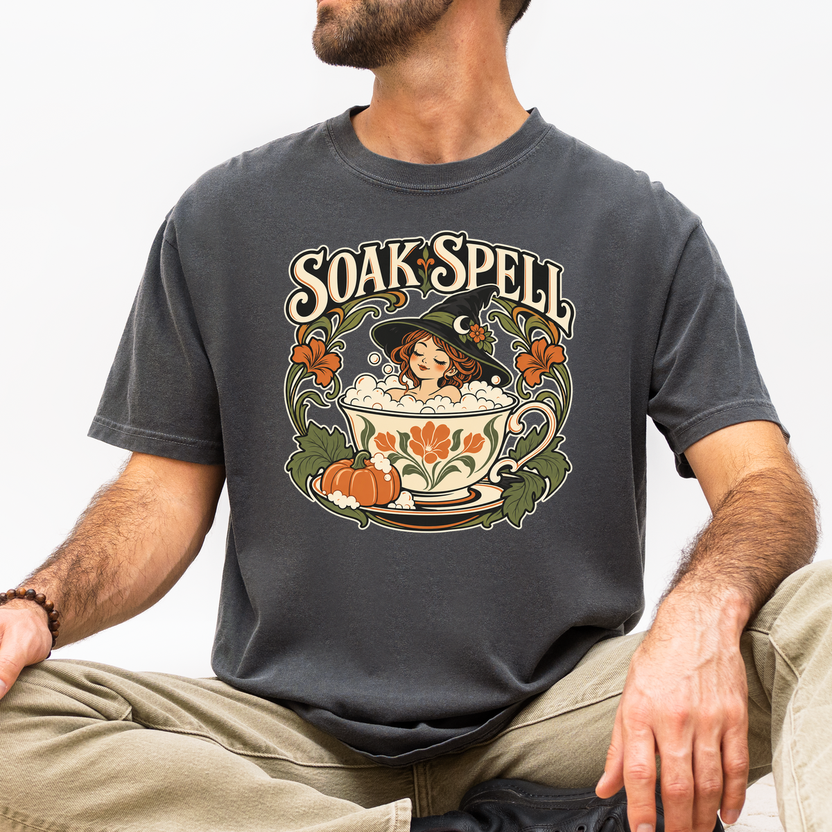 Witch Teacup Halloween T-Shirt, Soak Spell Bath, Art Nouveau Autumn Botanical, Comfort Colors, Spooky Season
