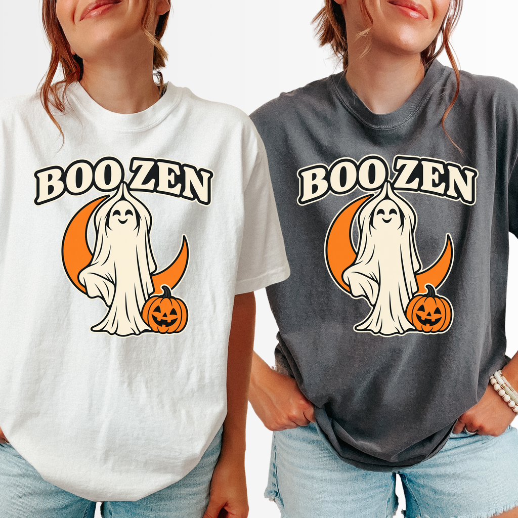 Ghost Yoga Halloween T-Shirt, Boo Zen Tree Pose, Minimalist Pumpkin and Crescent Design, Comfort Colors