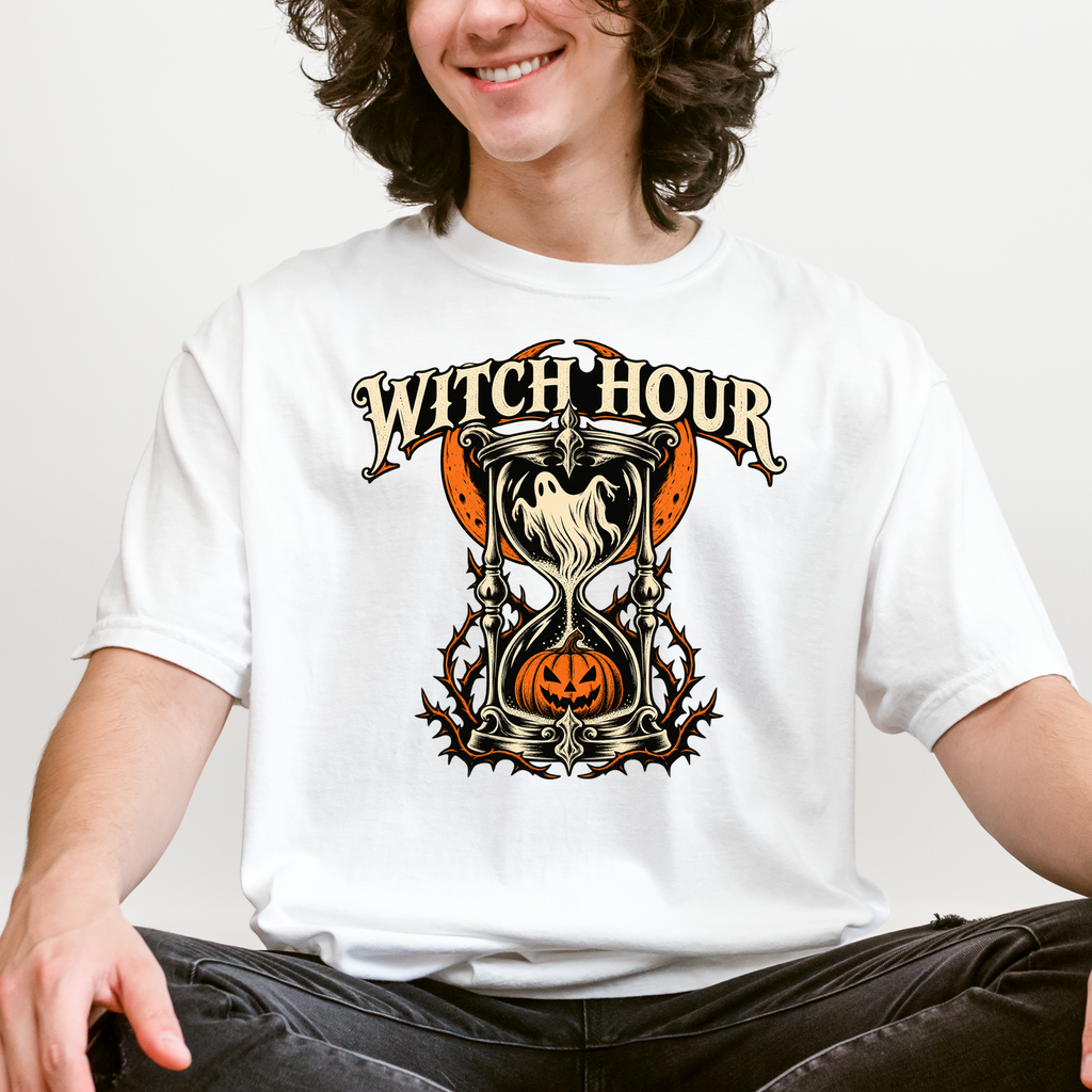 Haunted Hourglass Halloween T-Shirt, Witch Hour Ghost and Pumpkin, Gothic Woodcut Spooky Season Comfort Colors