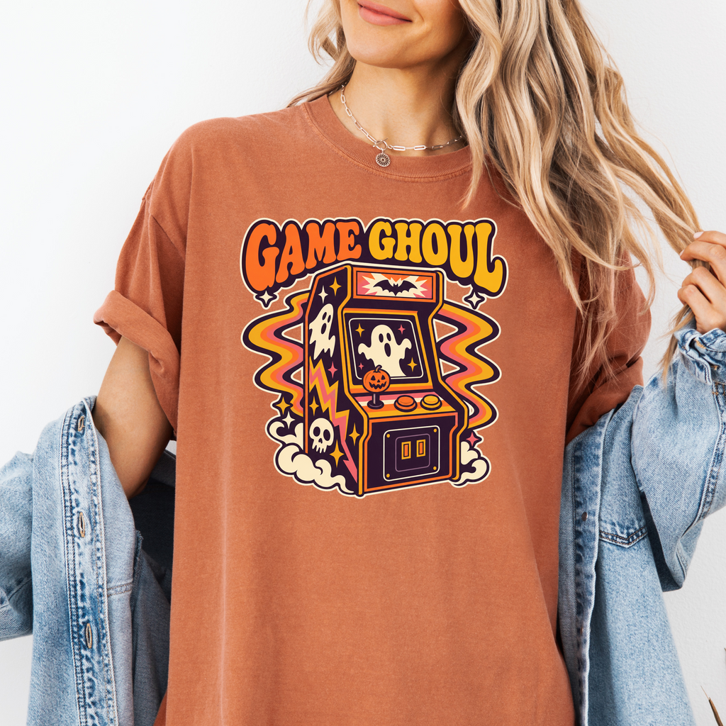 Haunted Arcade Halloween T-Shirt, Game Ghoul Cabinet, 1970s Psychedelic Pumpkin Joystick, Comfort Colors