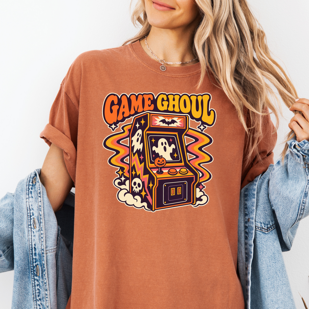 Haunted Arcade Halloween T-Shirt, Game Ghoul Cabinet, 1970s Psychedelic Pumpkin Joystick, Comfort Colors