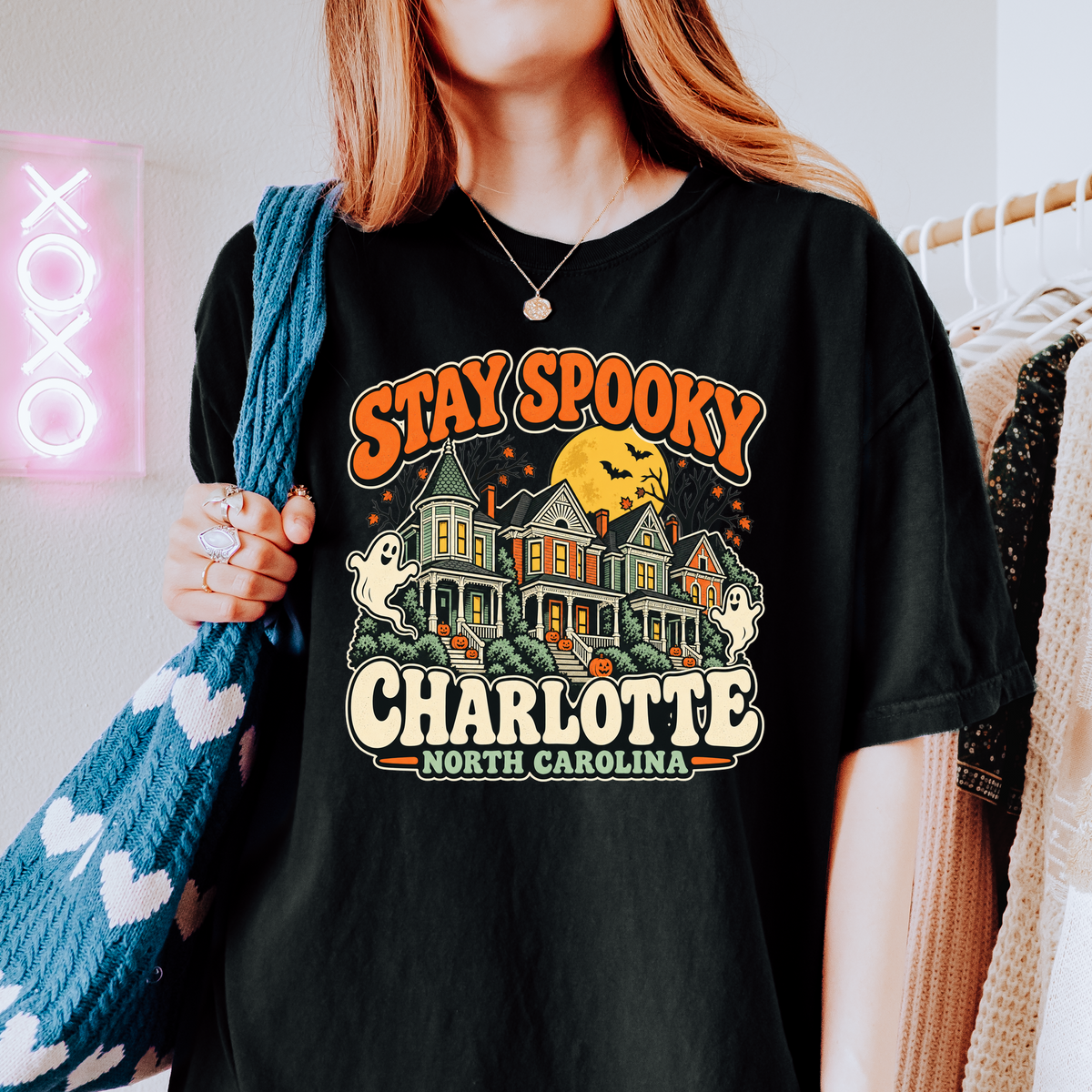 Charlotte Halloween T-Shirt, Fourth Ward Victorian Houses, Retro Ghosts and Pumpkins, Comfort Colors North Carolina
