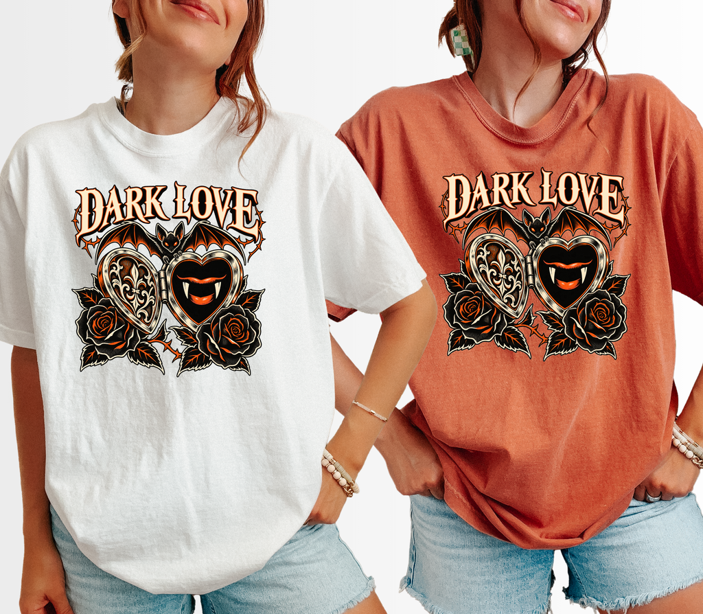 Vampire Heart Locket Halloween T-Shirt, Dark Love Gothic Woodcut, Bat and Black Roses, Comfort Colors