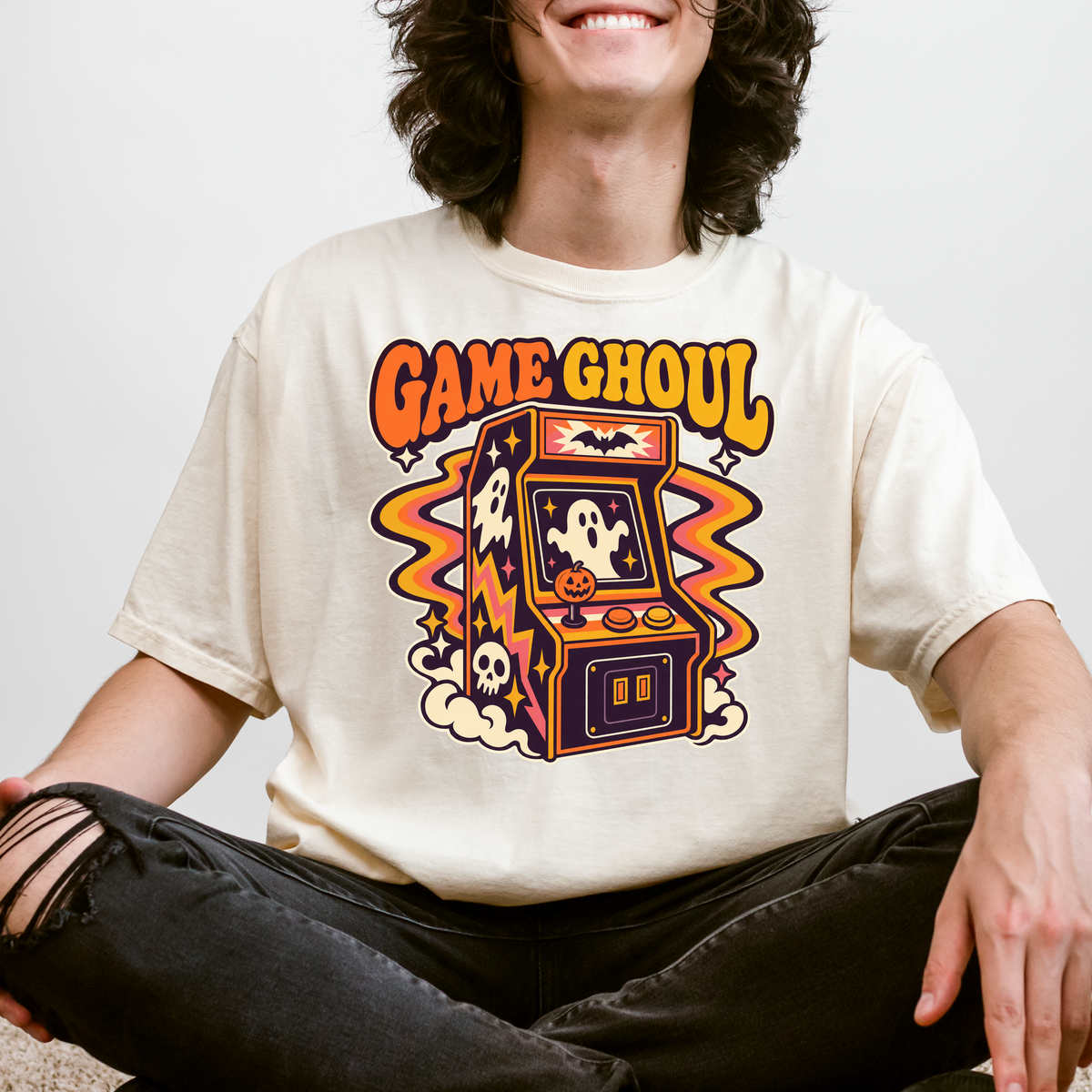 Haunted Arcade Halloween T-Shirt, Game Ghoul Cabinet, 1970s Psychedelic Pumpkin Joystick, Comfort Colors