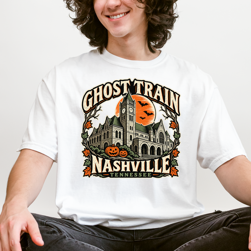 Nashville Halloween T-Shirt, Union Station Ghost Train, Comfort Colors, Woodcut Folk Art, Pumpkin Tennessee Souvenir