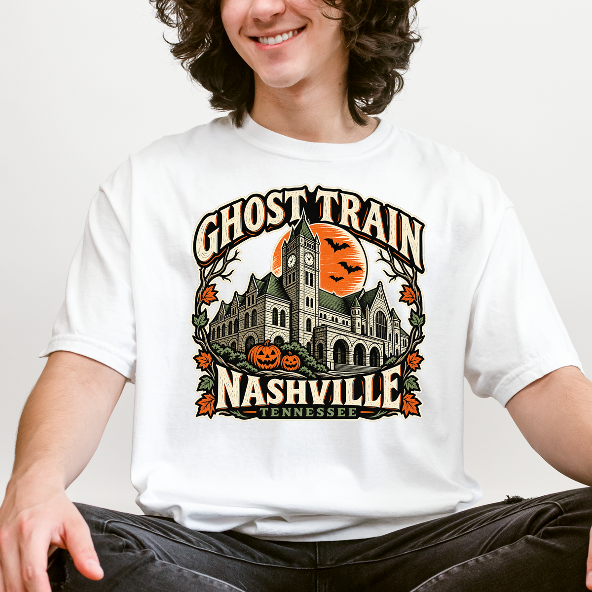 Nashville Halloween T-Shirt, Union Station Ghost Train, Comfort Colors, Woodcut Folk Art, Pumpkin Tennessee Souvenir