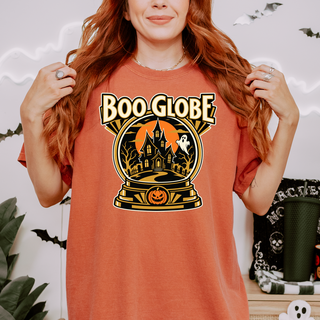 Haunted Snow Globe Halloween T-Shirt, Boo Globe Haunted House, Art Deco Pumpkin and Ghost, Comfort Colors Spooky Season