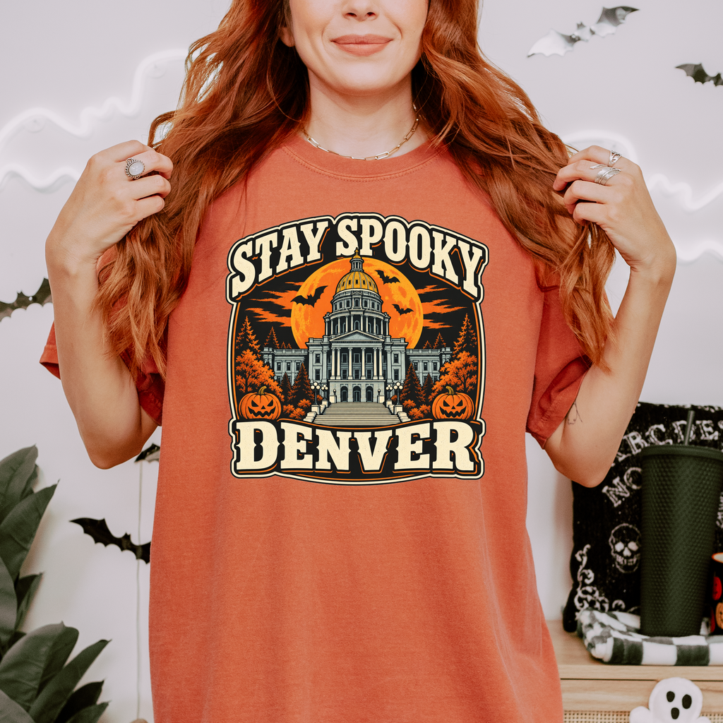 Denver Halloween T-Shirt, Colorado State Capitol, Comfort Colors Retro Pumpkin Souvenir, Spooky Season Bats